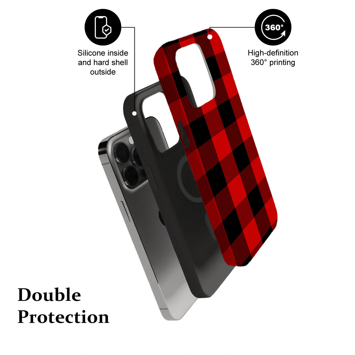 Phone case with red and black checkered pattern and text highlighting features on a white background