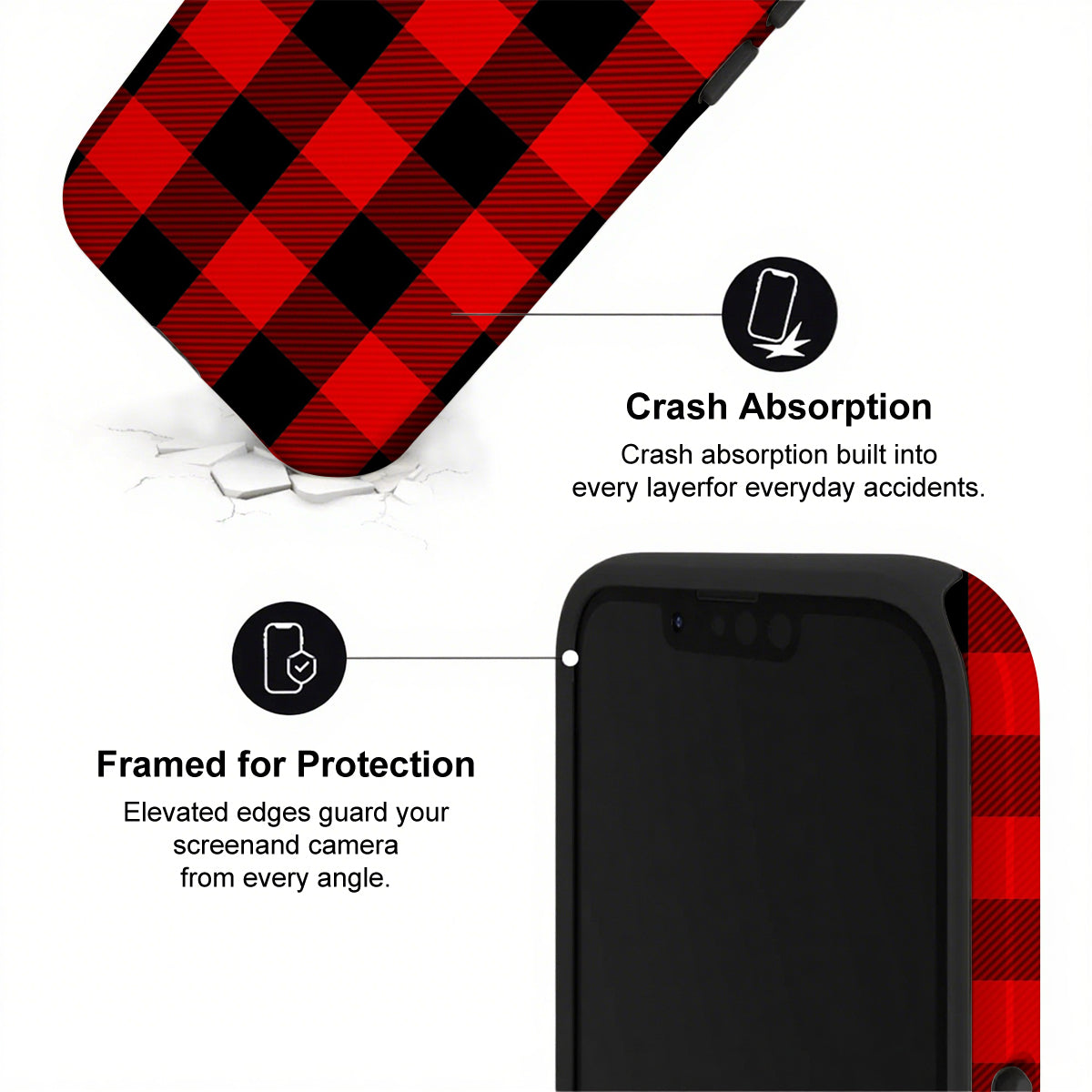 Phone case with red and black plaid design and text highlighting crash absorption and protection features.