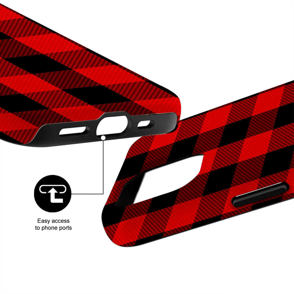 Red and black checkered phone case with ports easily accessible design on a white background