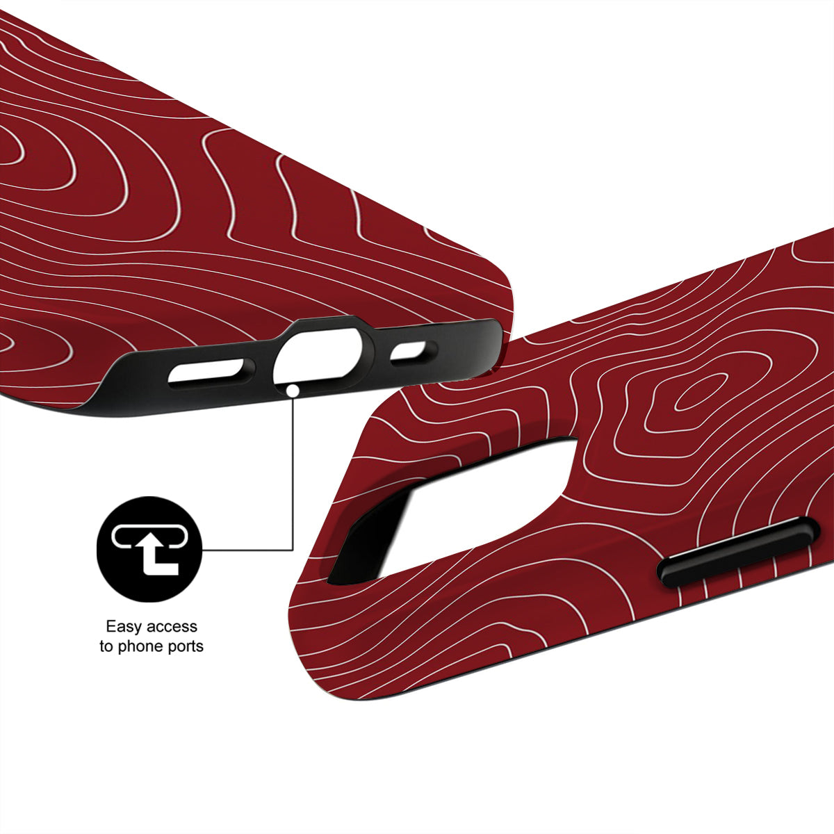 Red phone case with black accents and contour design on a white background