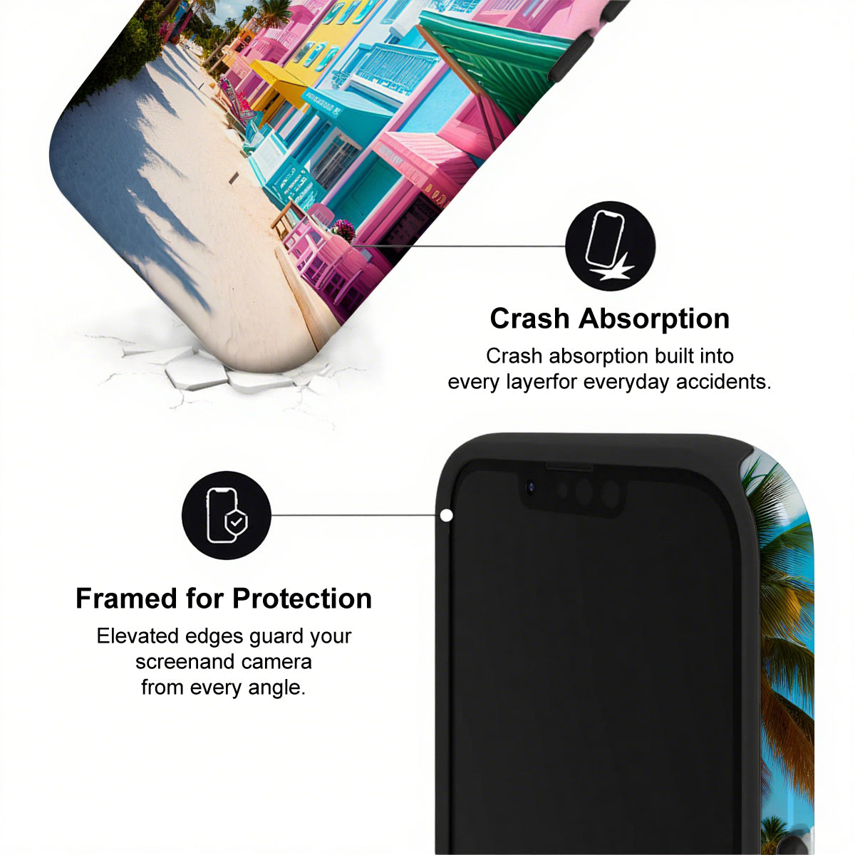 Phone case with crash absorption and framed protection features, colorful background.