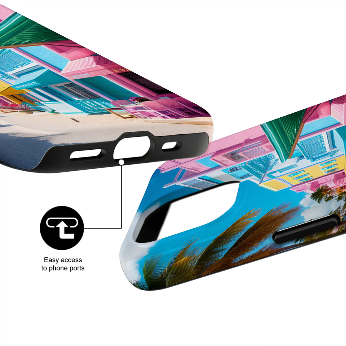 Colorful phone case with palm tree design and text 'Easy access to phone ports'.