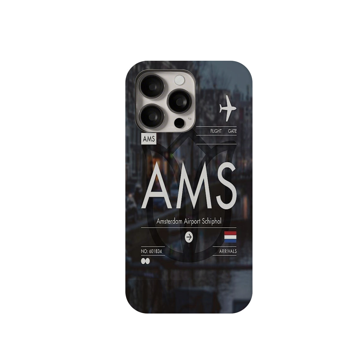 Phone case with AMS Amsterdam Airport Schiphol design on a white background
