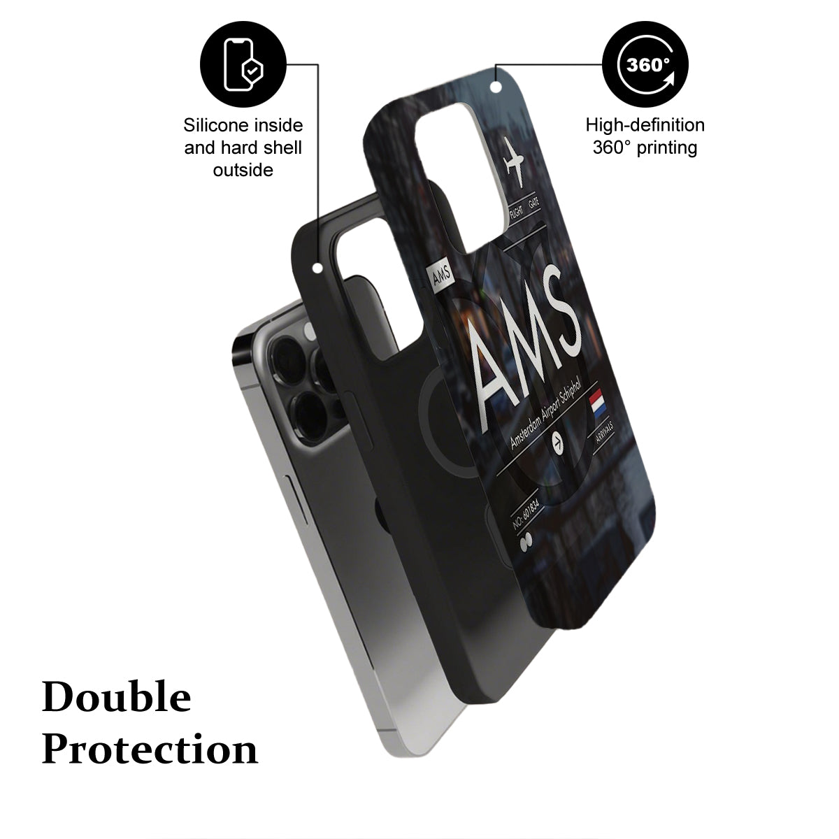 Phone case with text 'AMS' and features highlighted on a white background