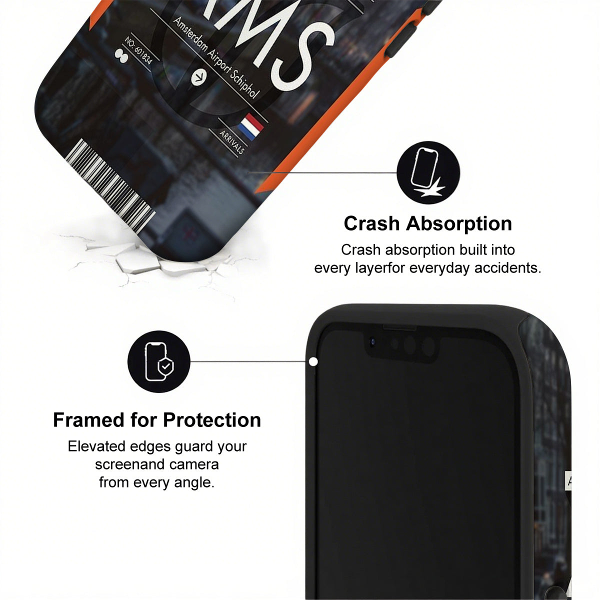 Phone case with crash absorption and framed protection features on a white background