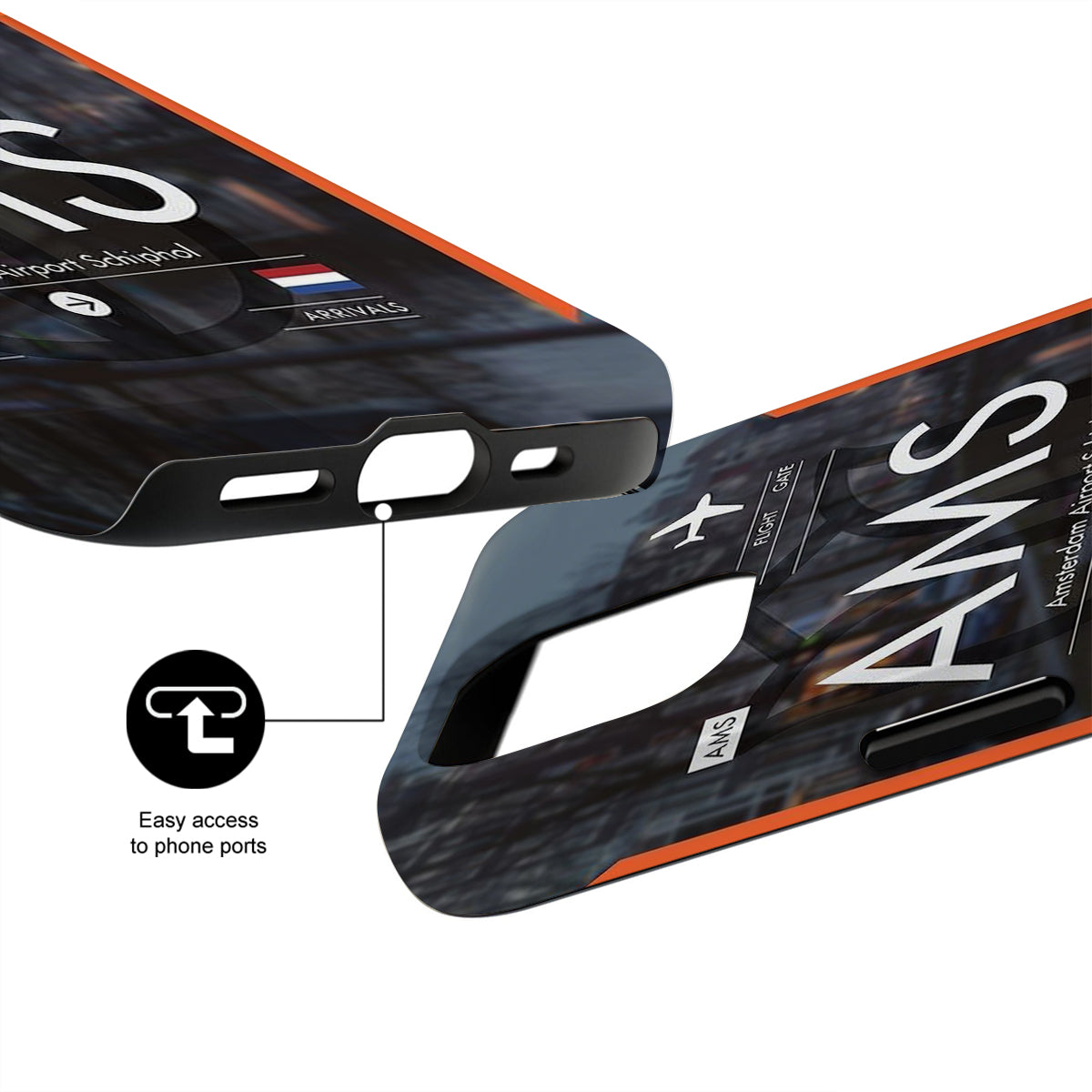 Phone case with AMG branding and design details on a white background