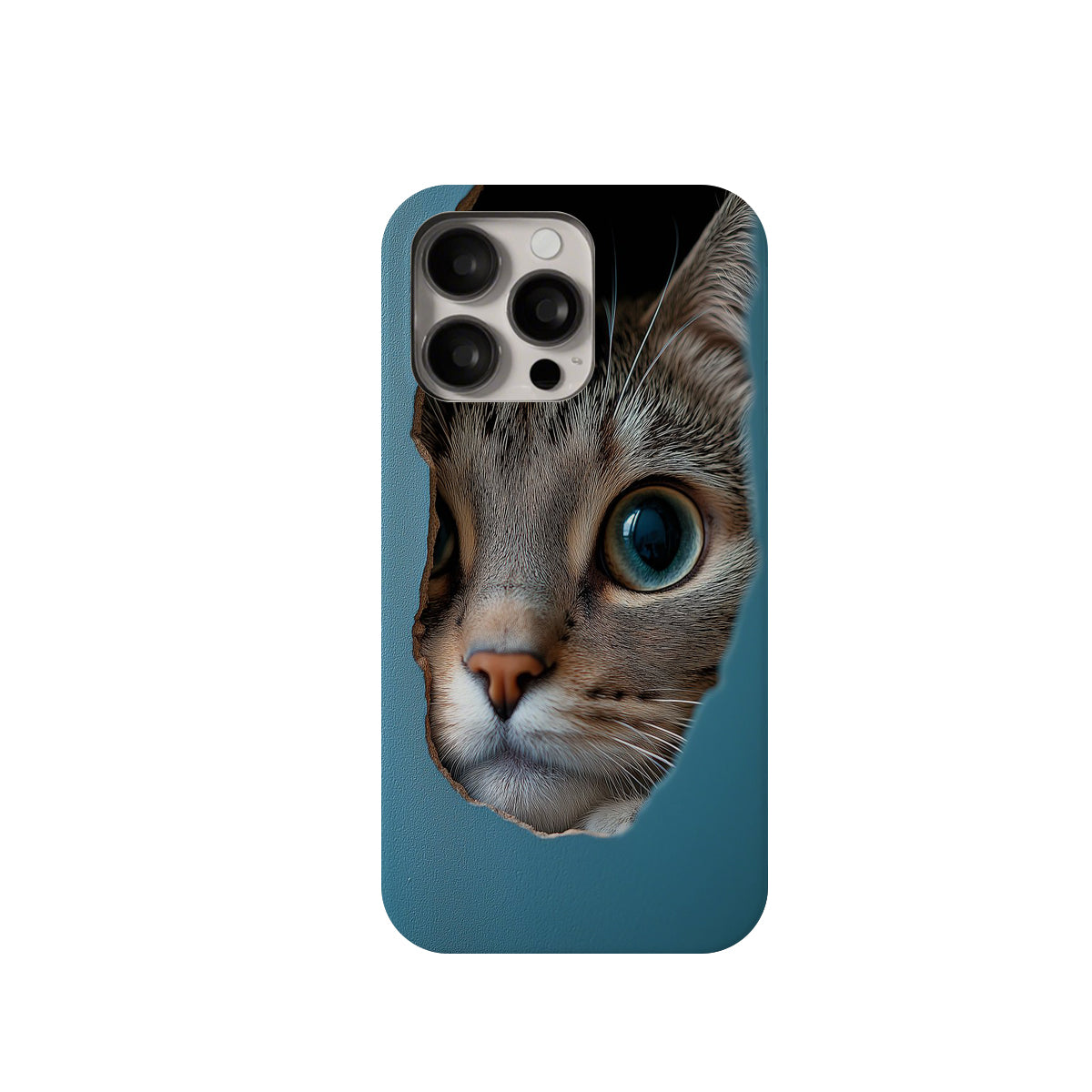 Phone case with a cat's face design on a blue background