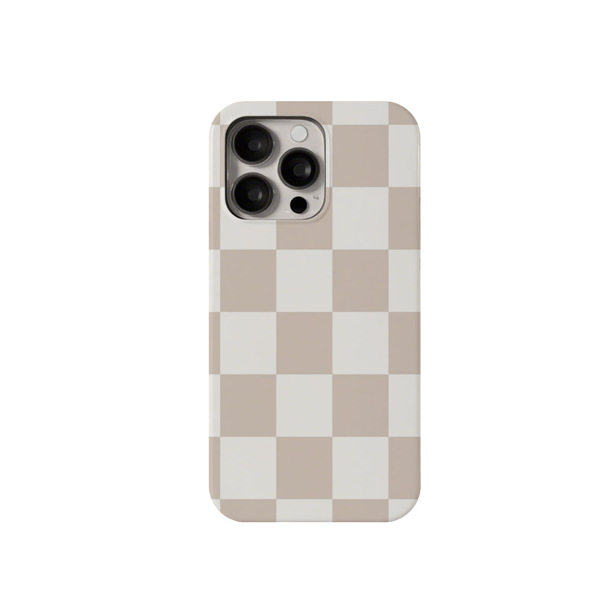 Checkered phone case with beige and white pattern on a white background