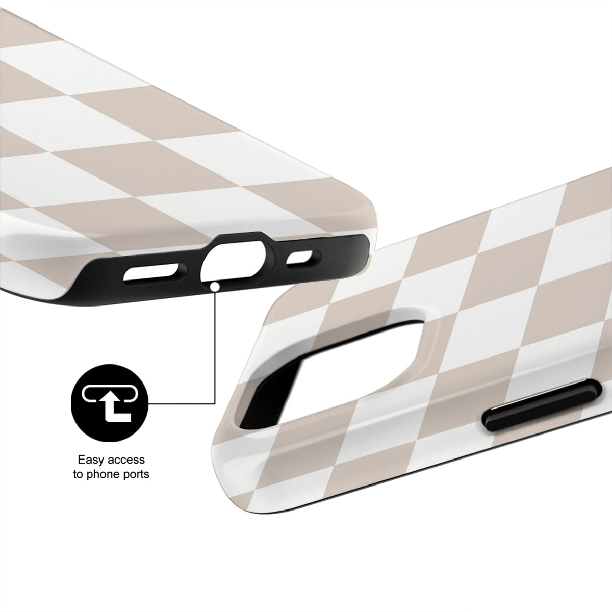 Checkered phone case with easy access to phone ports feature on a white background