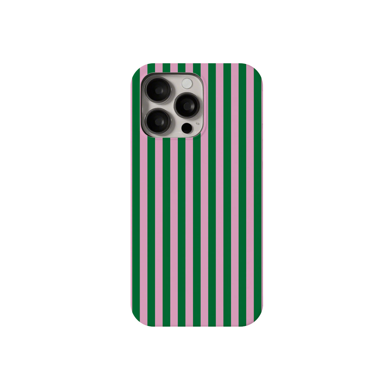 Phone case with green and pink vertical stripes on a white background