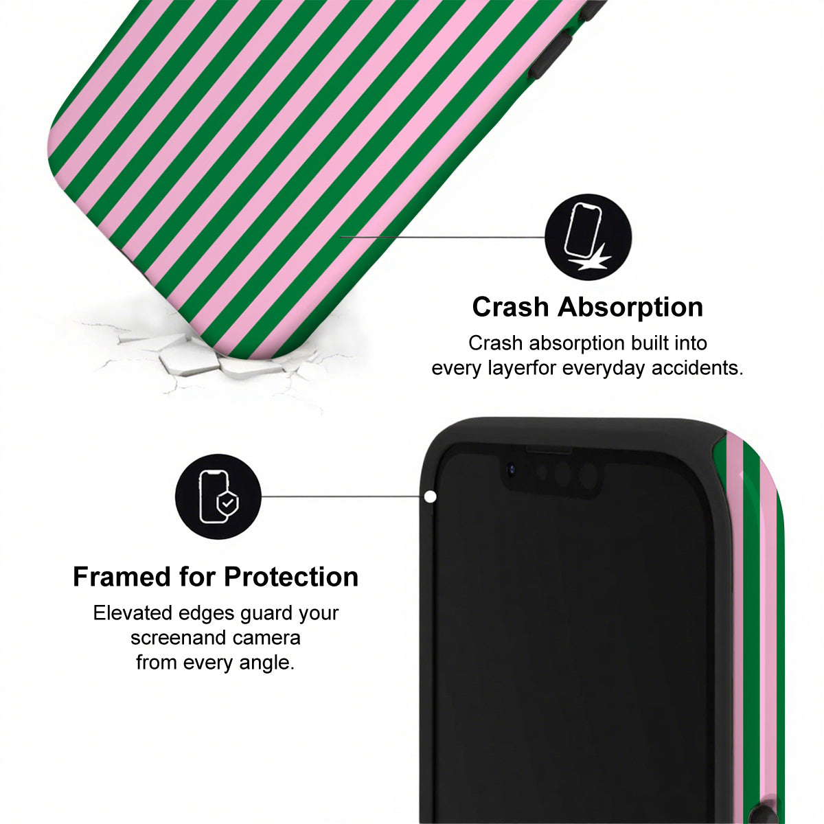 Phone case with green and pink stripes and text highlighting crash absorption and protection.