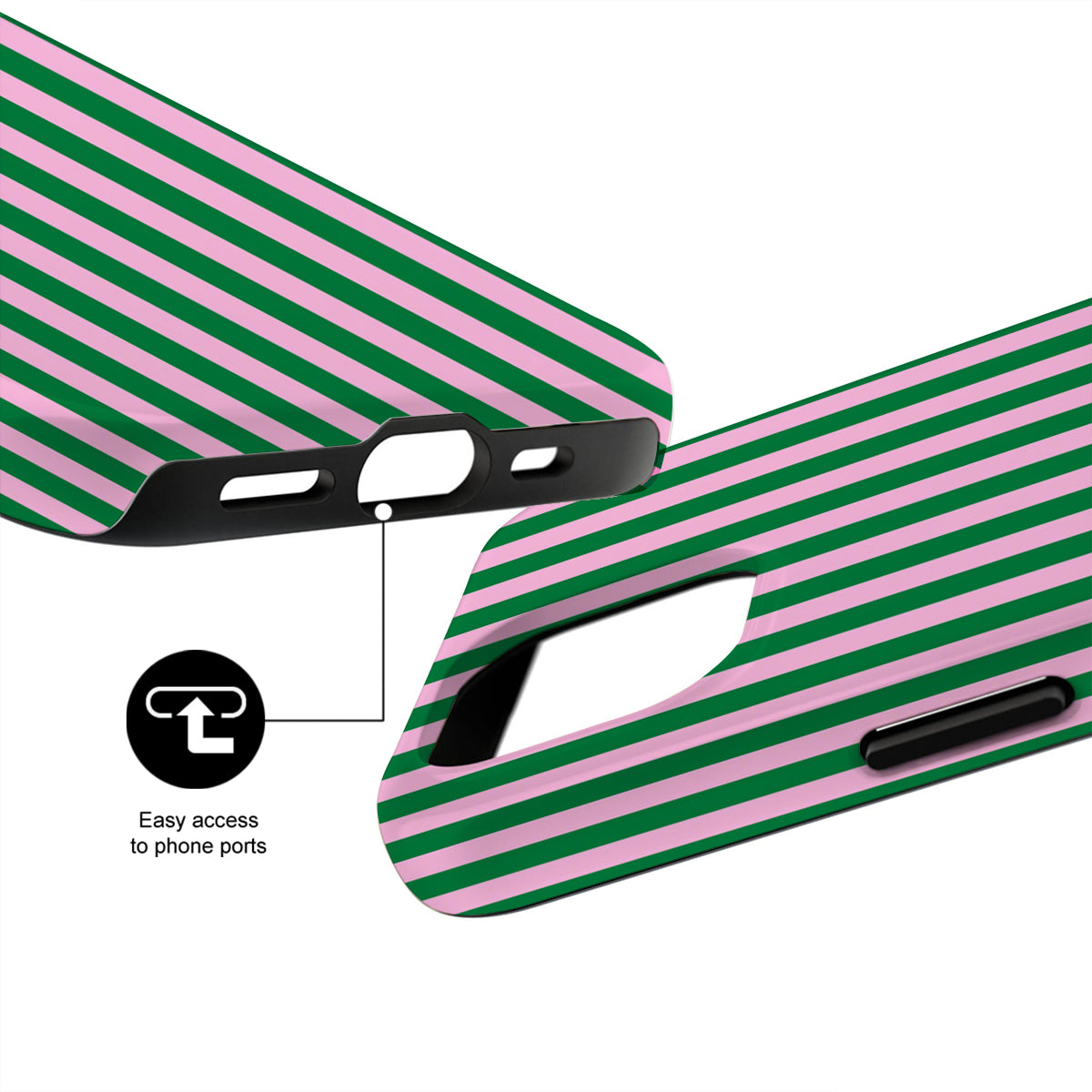 Phone case with green and pink stripes and black accents on a white background