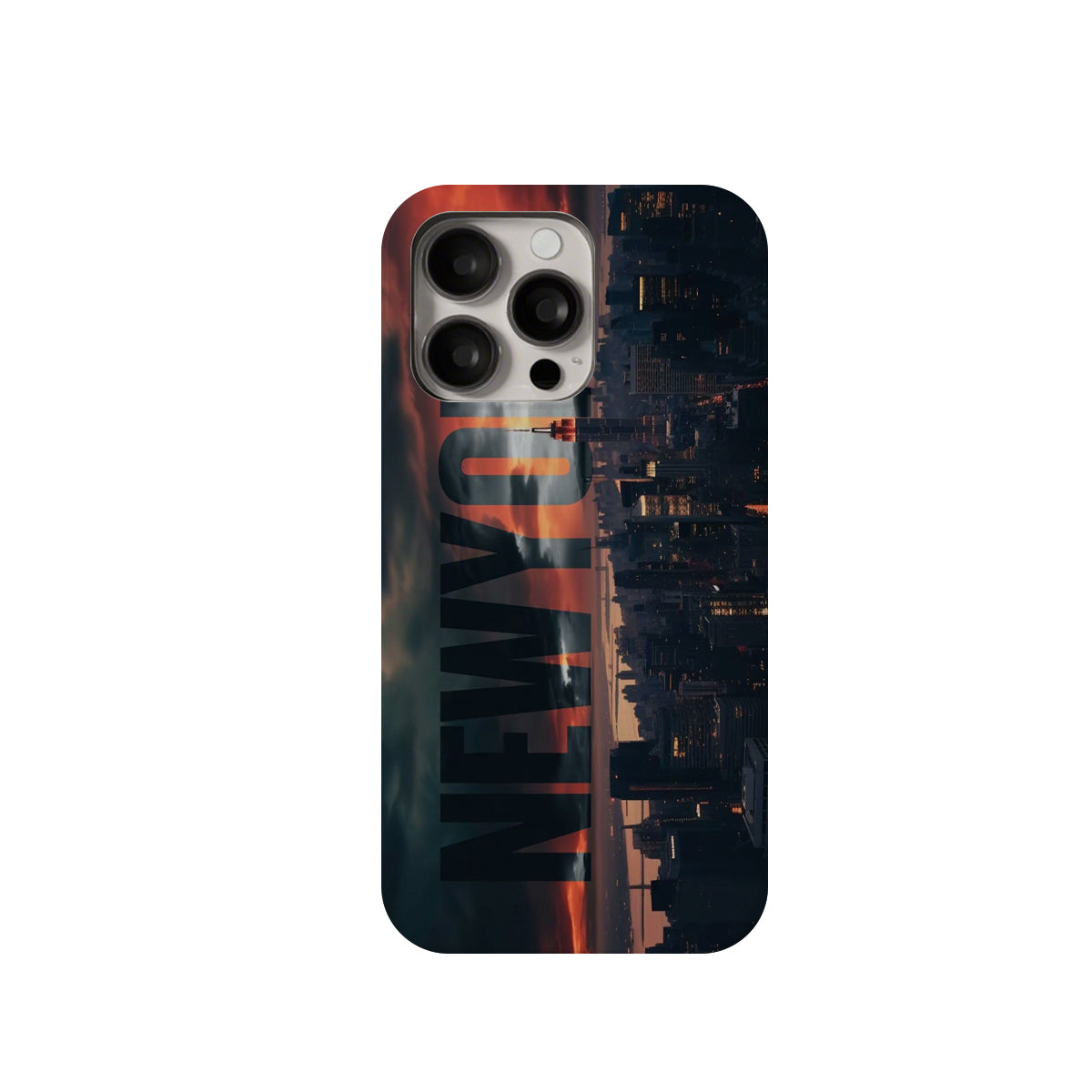 Phone case with cityscape design and 'NIN' branding on a white background