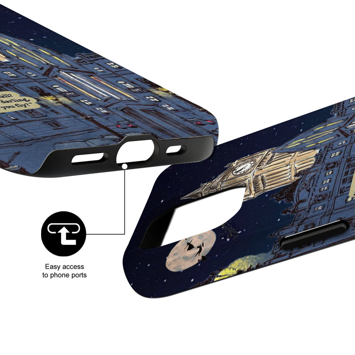 Phone case with cityscape design and Big Ben illustration, showing ease of access to phone ports.