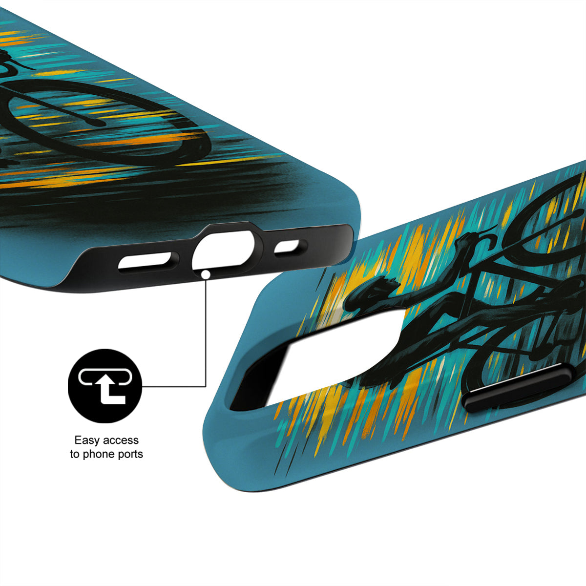 Phone case with colorful design and text 'Easy access to phone ports' on a white background