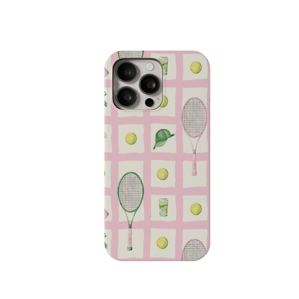 Phone case with tennis racket and ball design on a pink grid background
