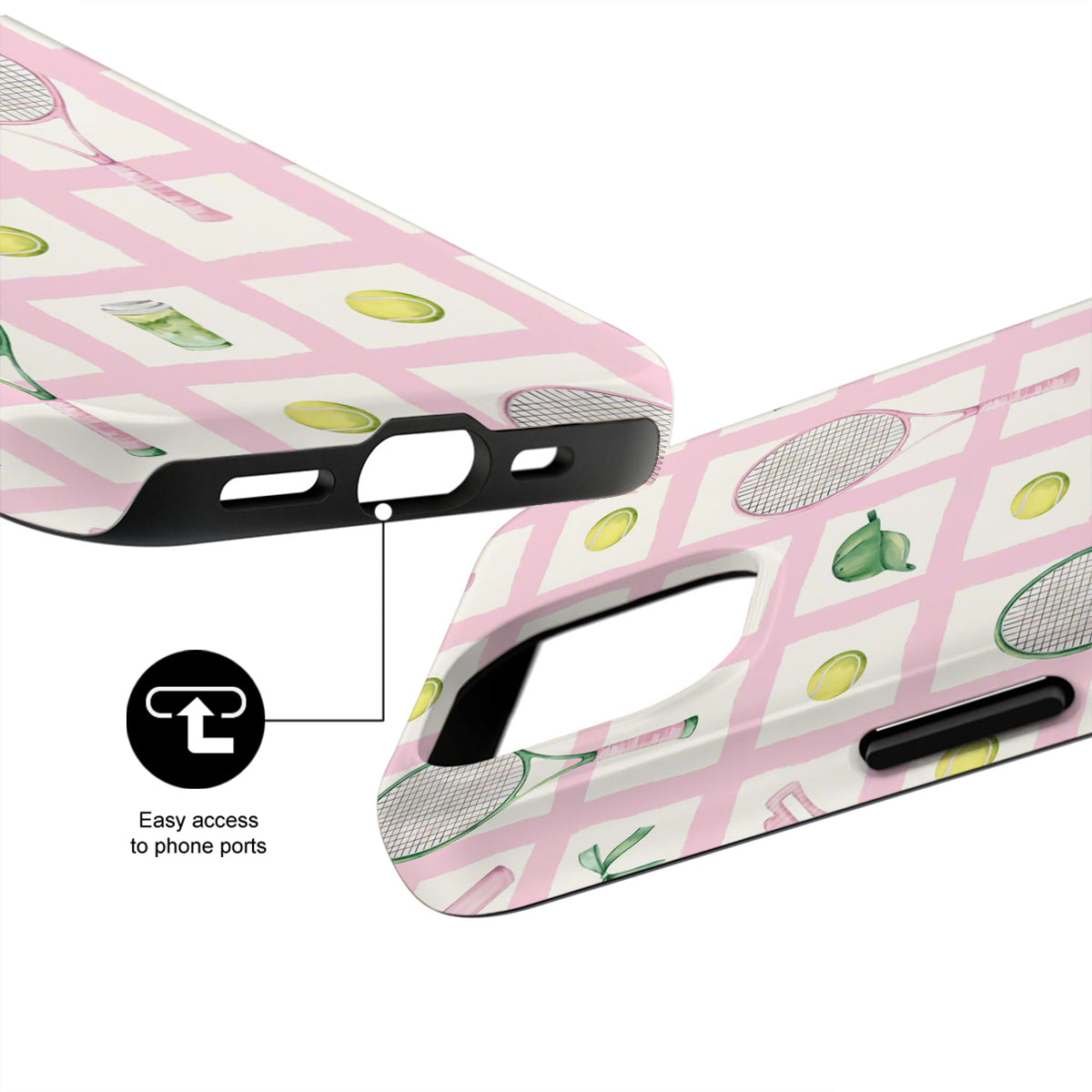 Phone case with tennis racket and ball design on a pink background
