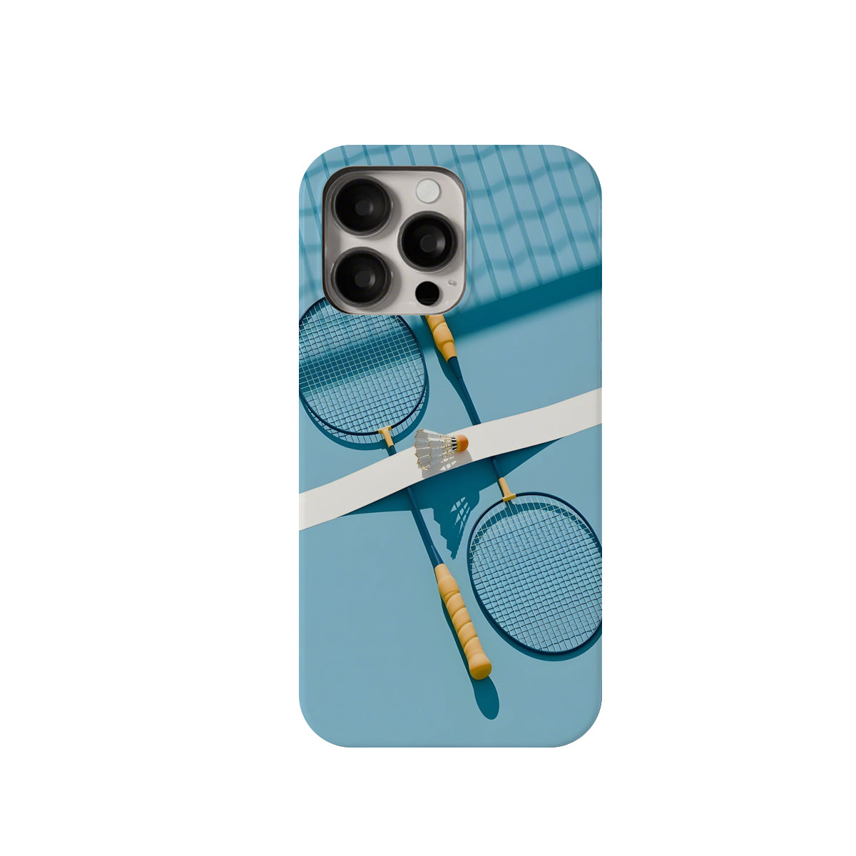 Phone case with tennis racket and ball design on a blue background