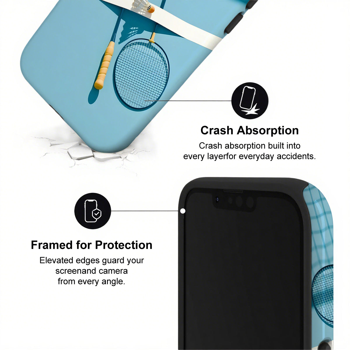 Phone case with badminton racket design and text on crash absorption and protection.
