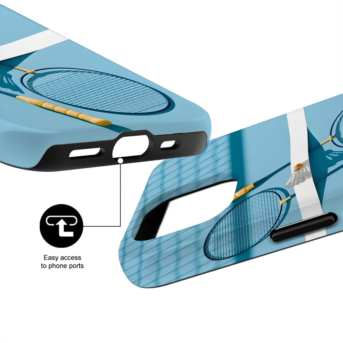 Close-up of a blue phone case with a racket design and phone port access feature.