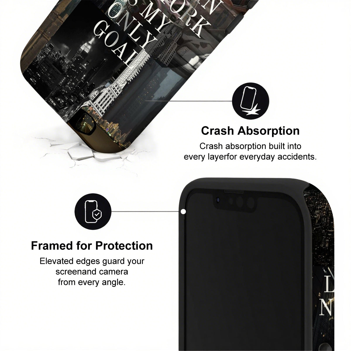 Phone case with text highlighting crash absorption and protection features on a white background