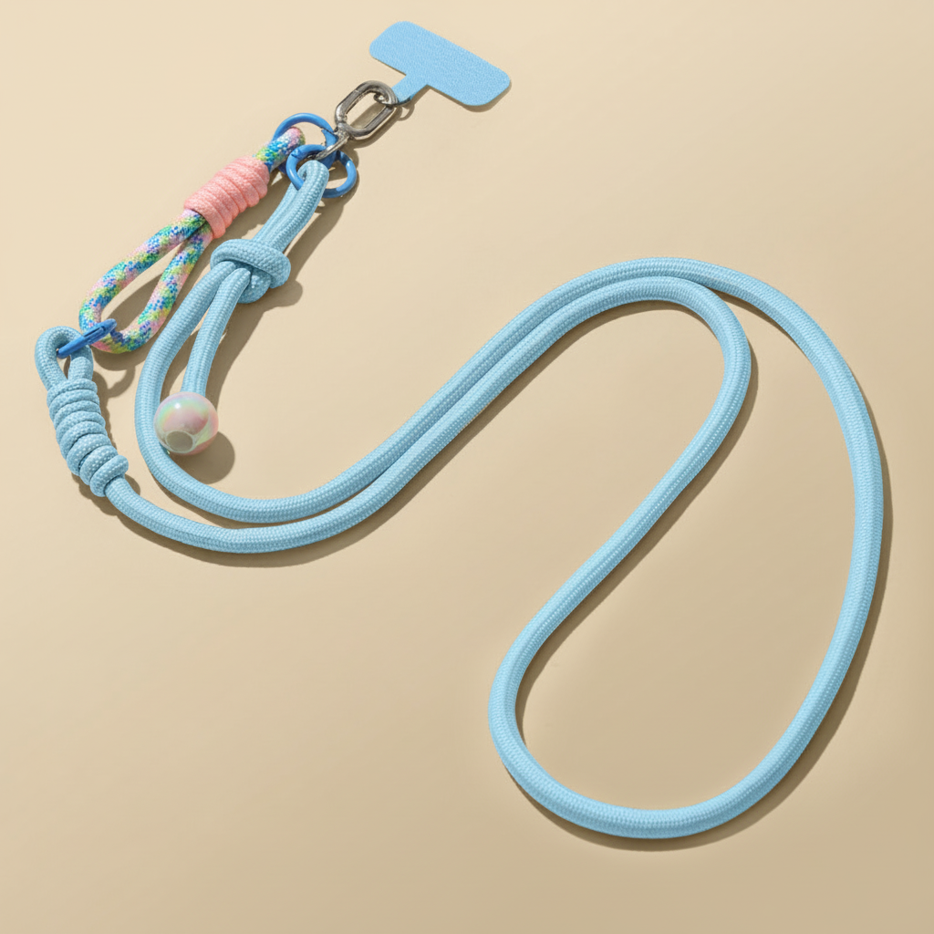 Light blue lanyard with decorative elements on a beige background