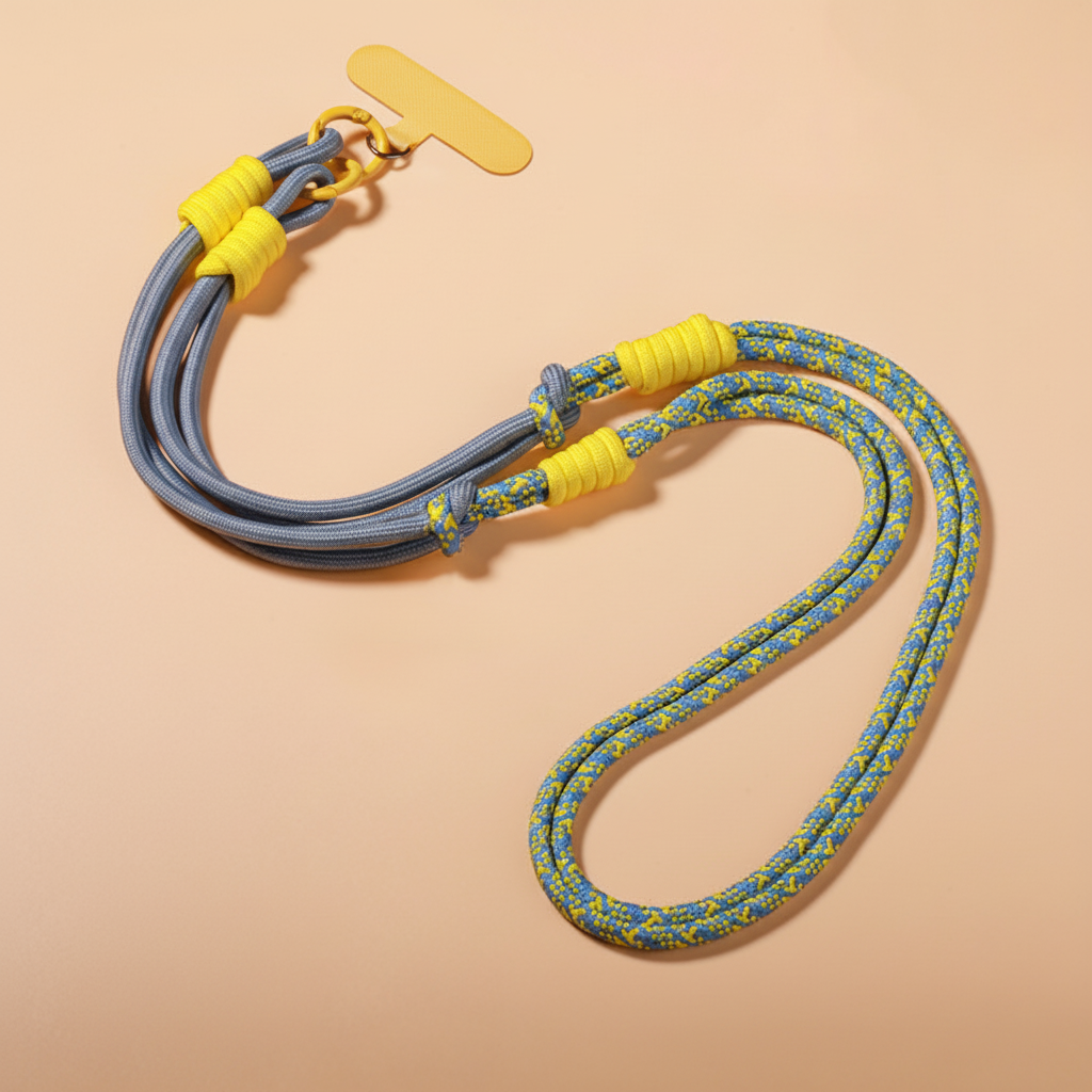 Multicolored rope with a yellow tag on a beige background