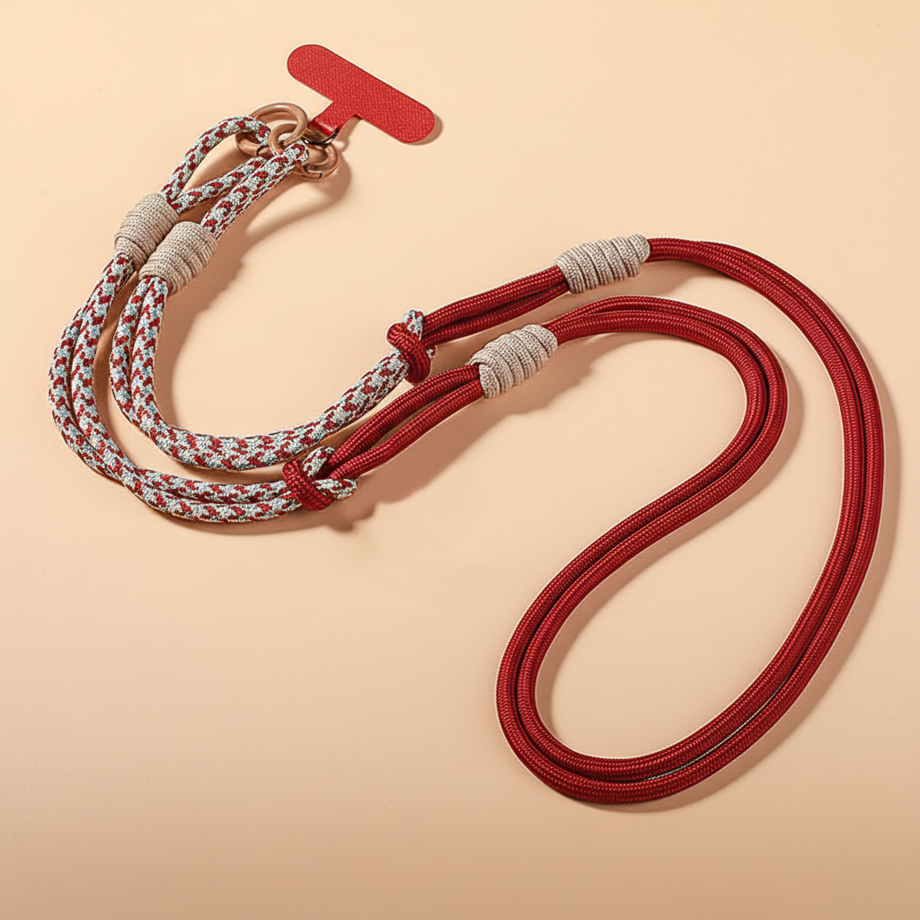 Red and patterned dog leash on a beige background