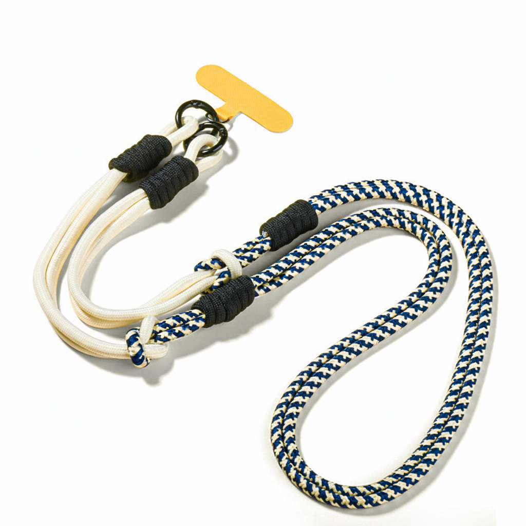 Dog leash with blue and white pattern on a white background