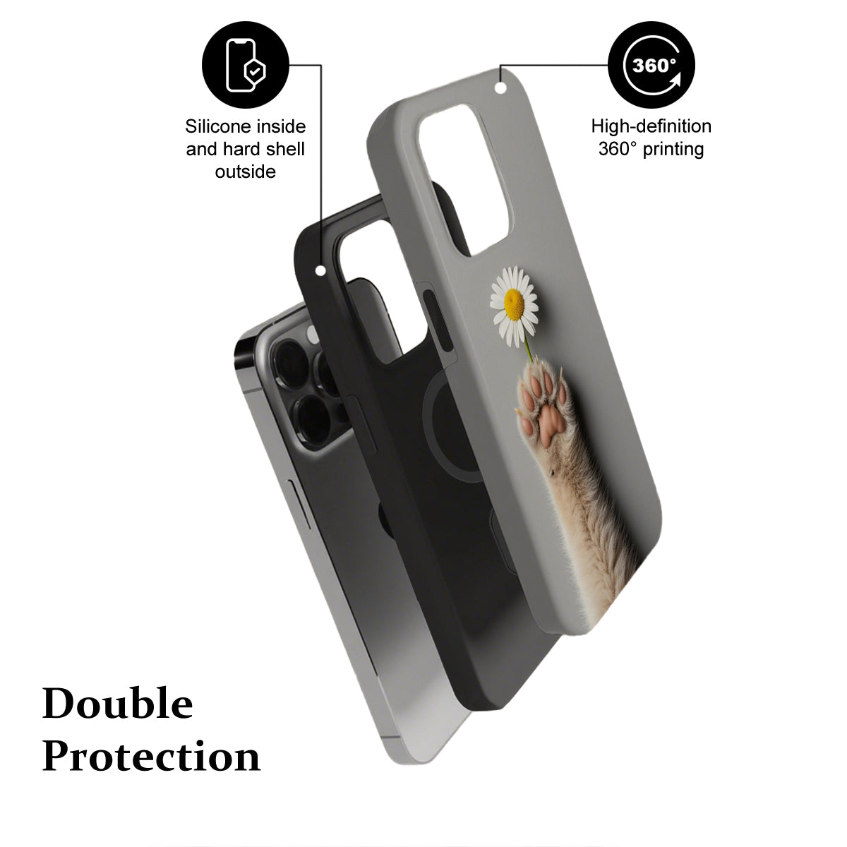 Phone case with a paw holding a flower design, featuring text on protection and printing quality.