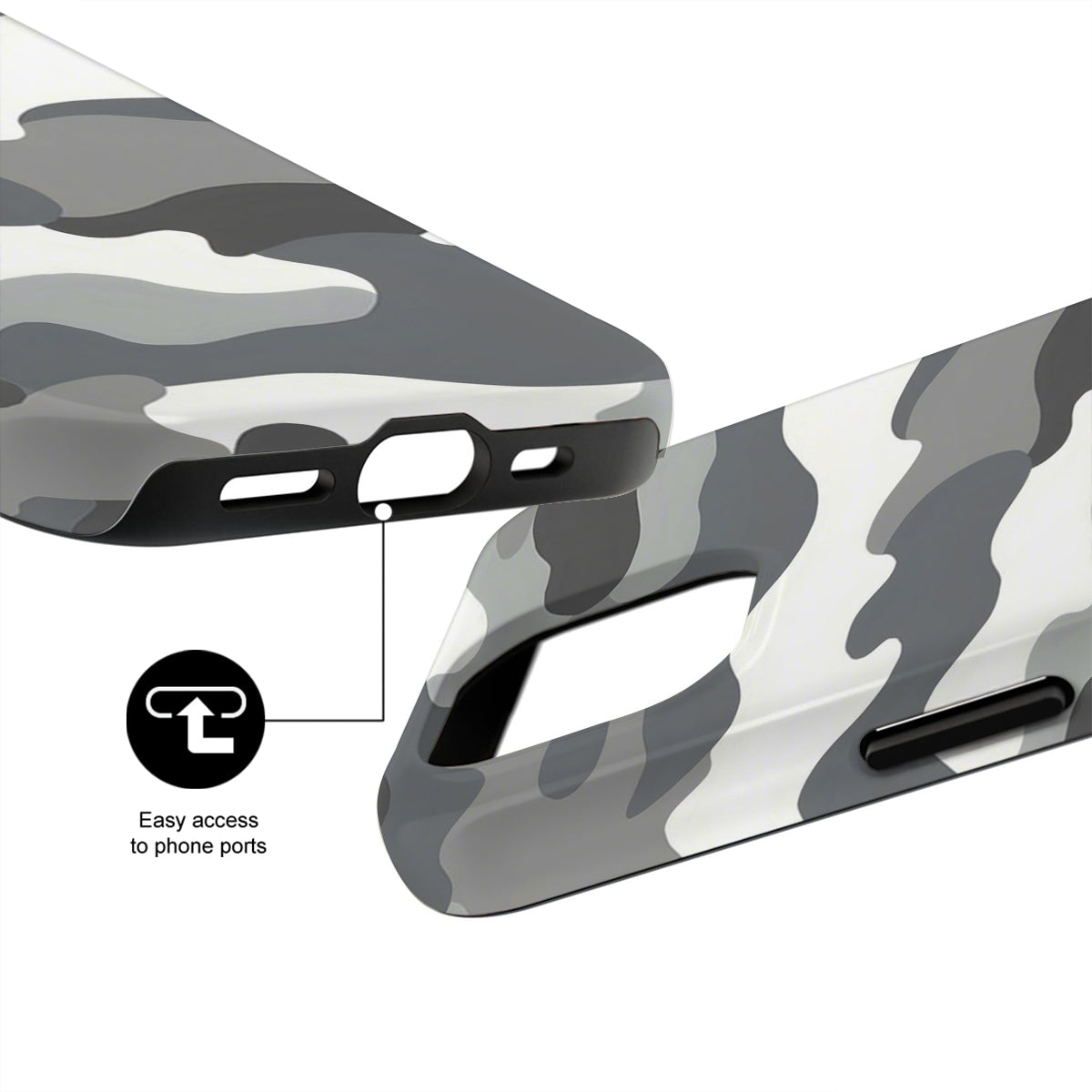 Camouflage phone case with easy access to phone ports feature on a white background