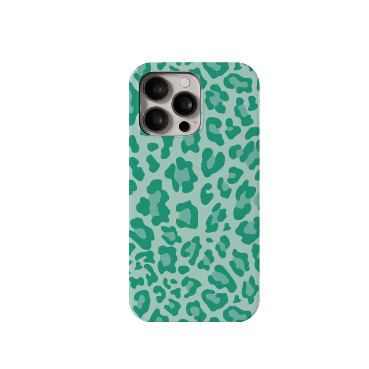 Phone case with green leopard print pattern on a white background