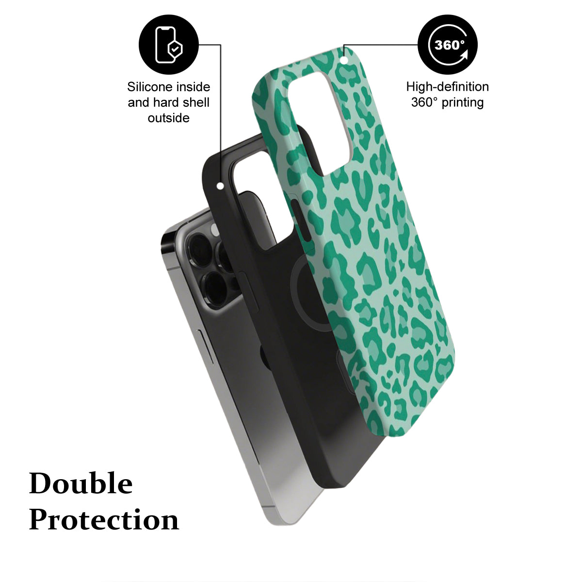 Phone case with green leopard print design on a white background