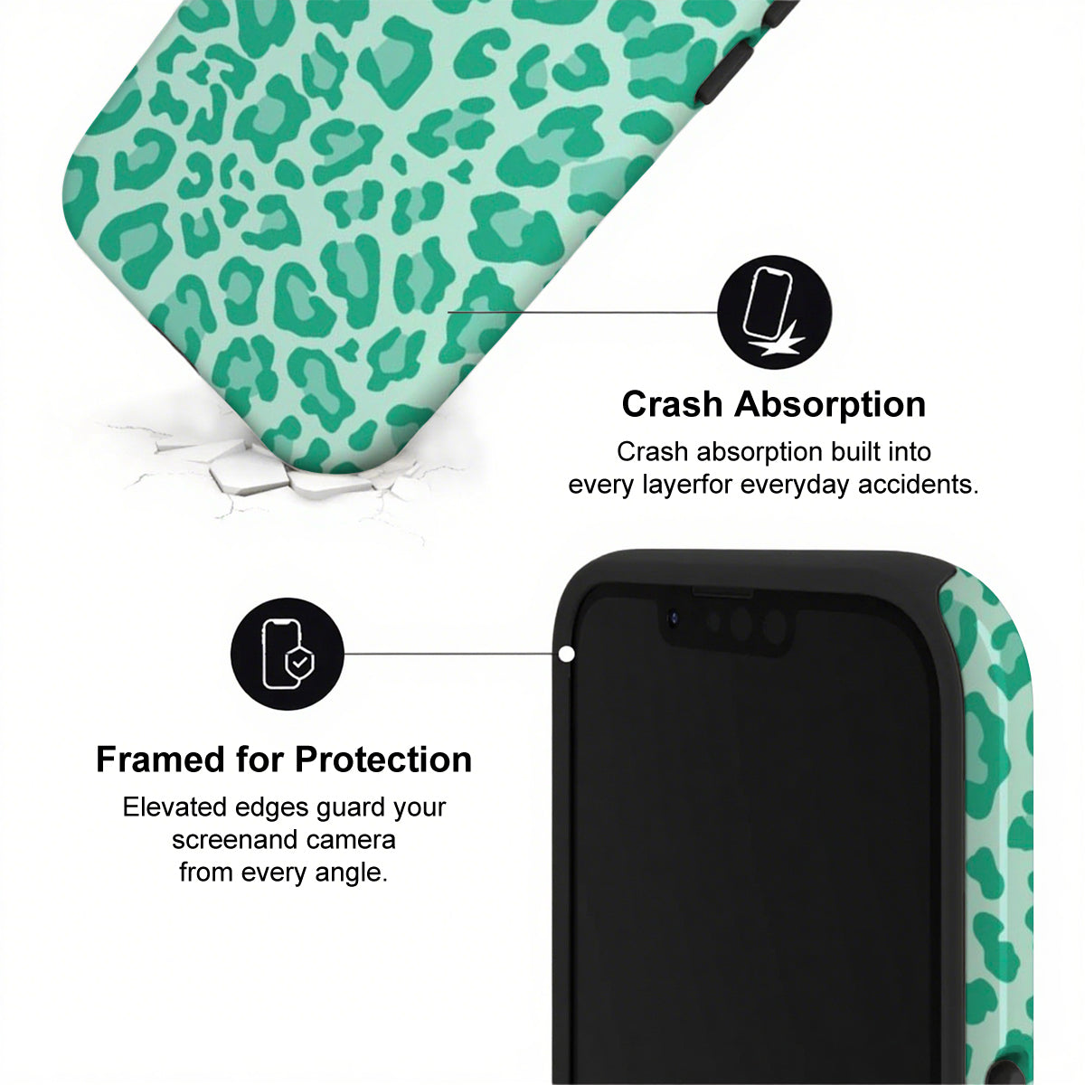 Phone case with green leopard print design and text highlighting crash absorption and protection features.