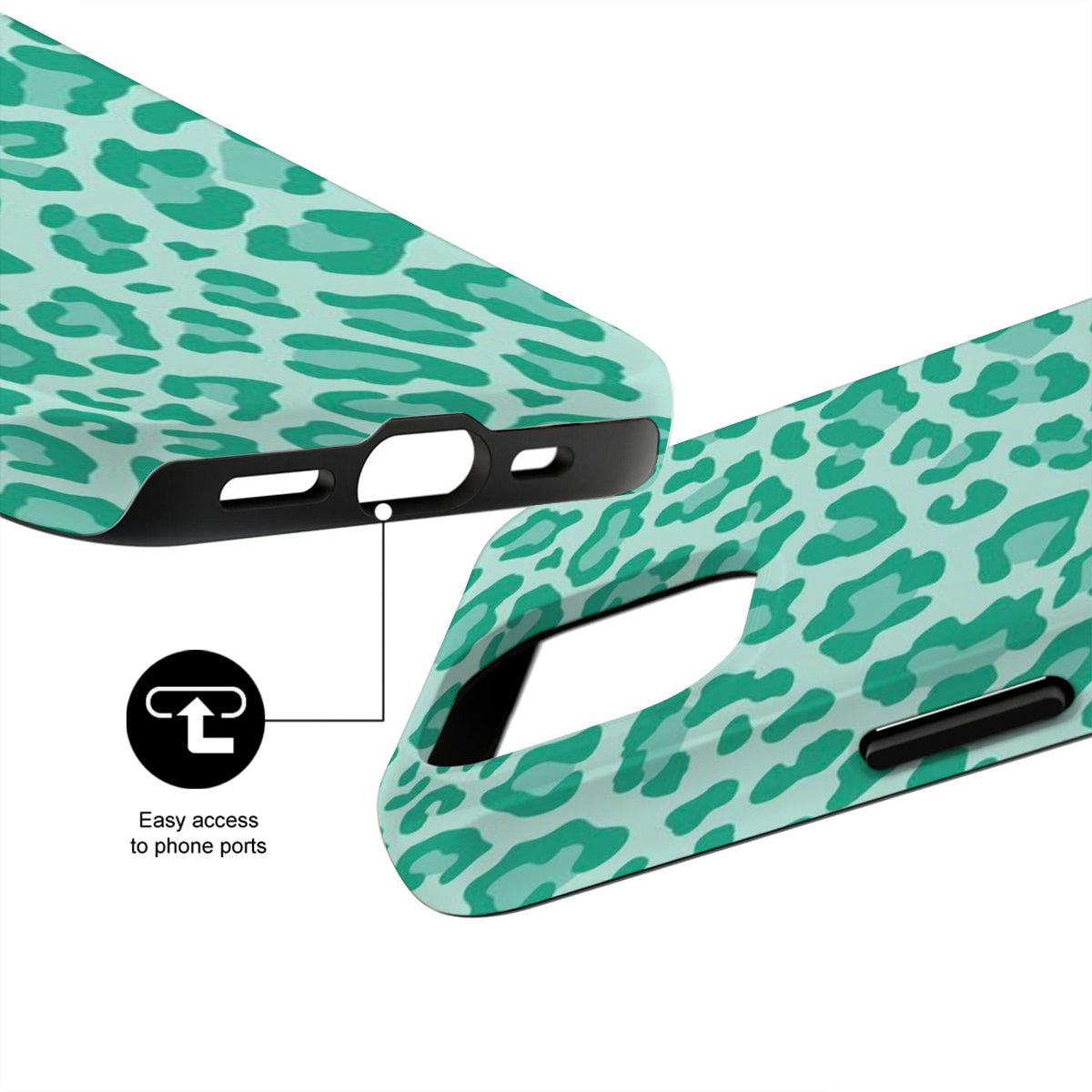Green leopard print phone case with ports easily accessible design on a white background