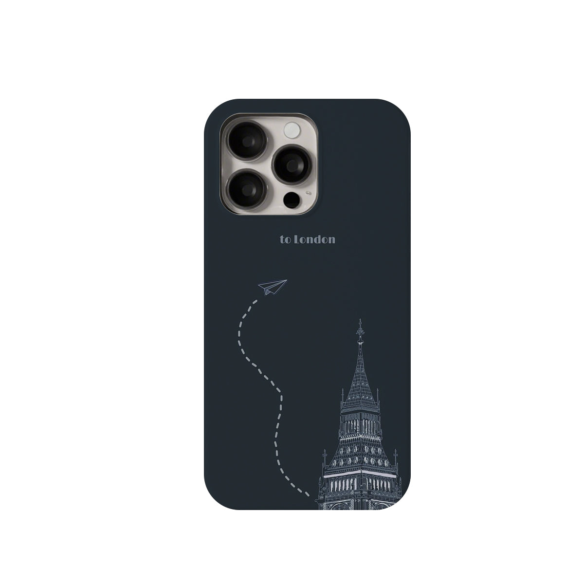 Phone case with a design of a tower and airplane on a dark blue background