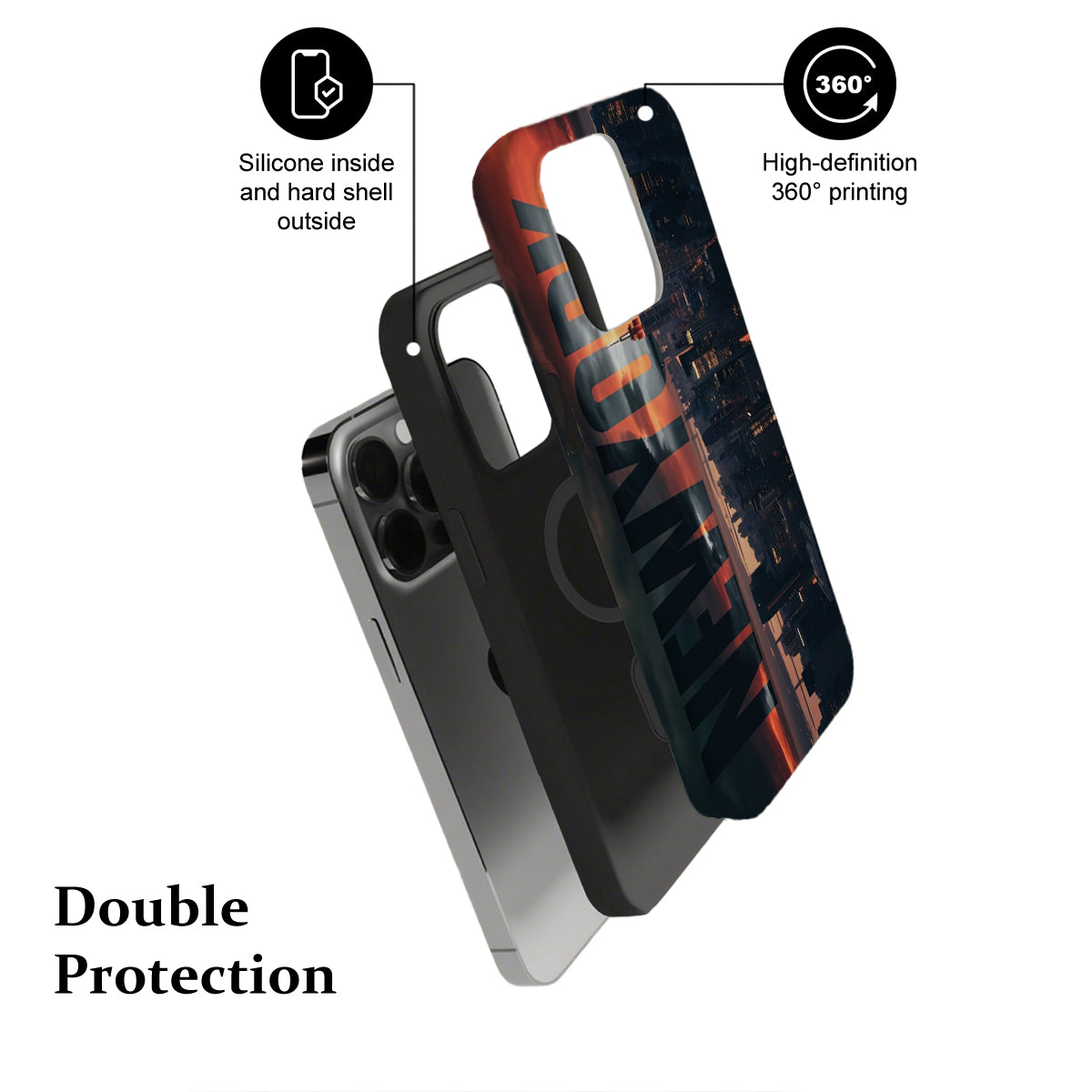 Phone case with 360-degree printing and double protection features on a white background