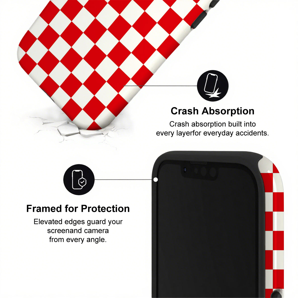 Phone case with red and white checkered design and text highlighting crash absorption and protection features.