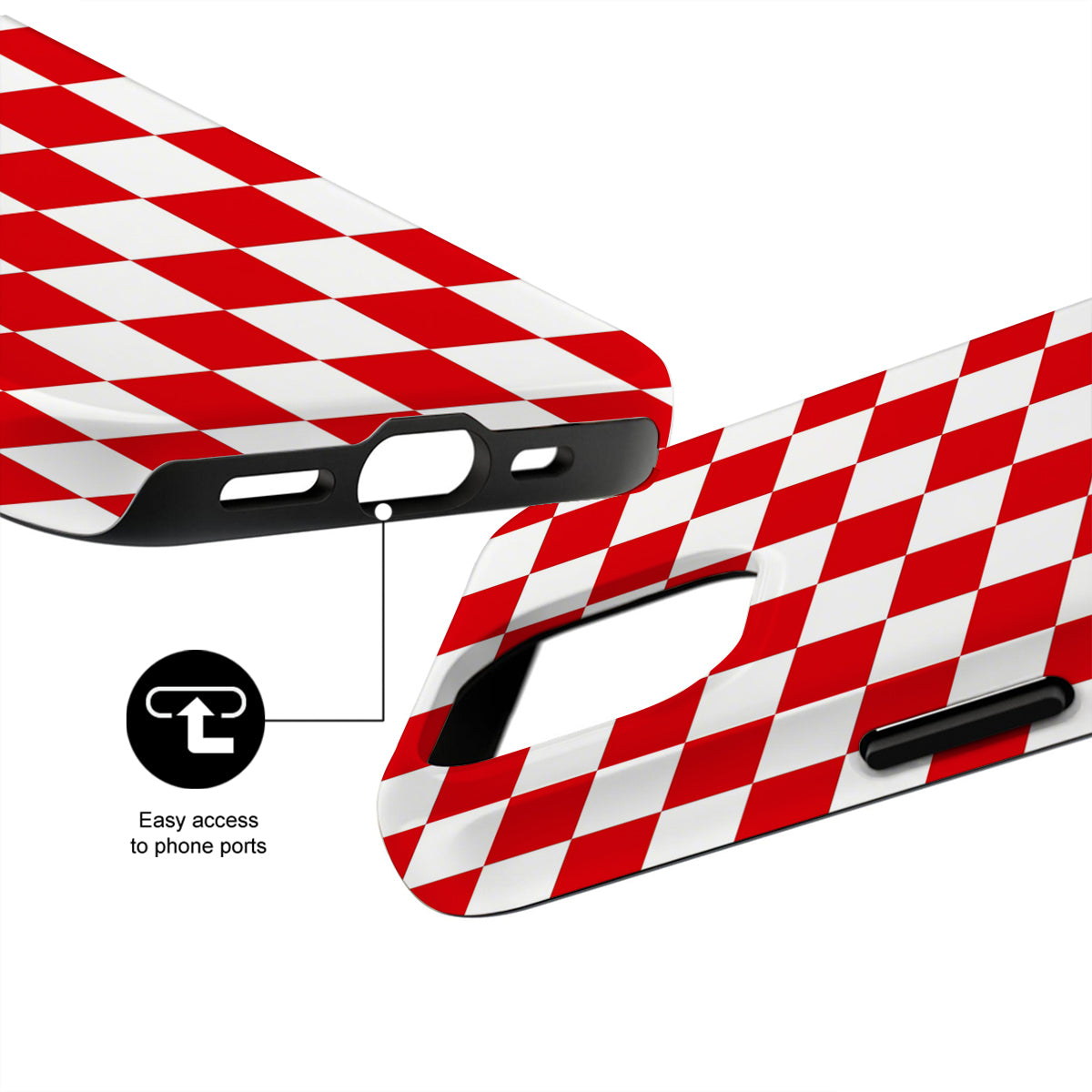 Red and white checkered phone case with clear back and black accents on a white background