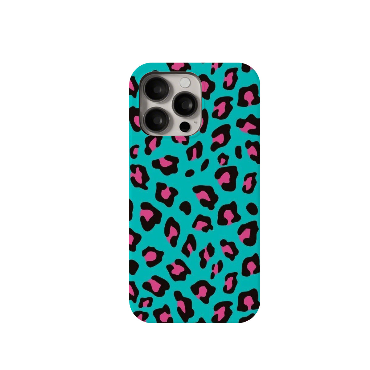 Phone case with a leopard print pattern on a turquoise background