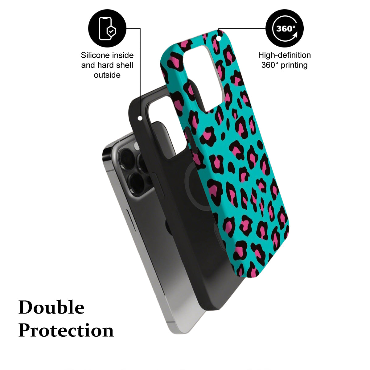 Phone case with leopard print design and text highlighting features on a white background