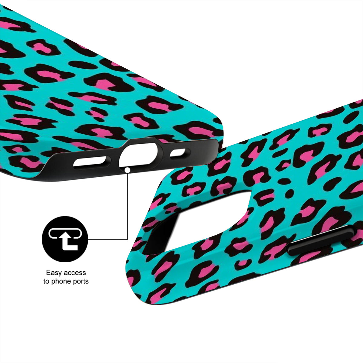 Teal phone case with pink and black leopard print pattern on a white background