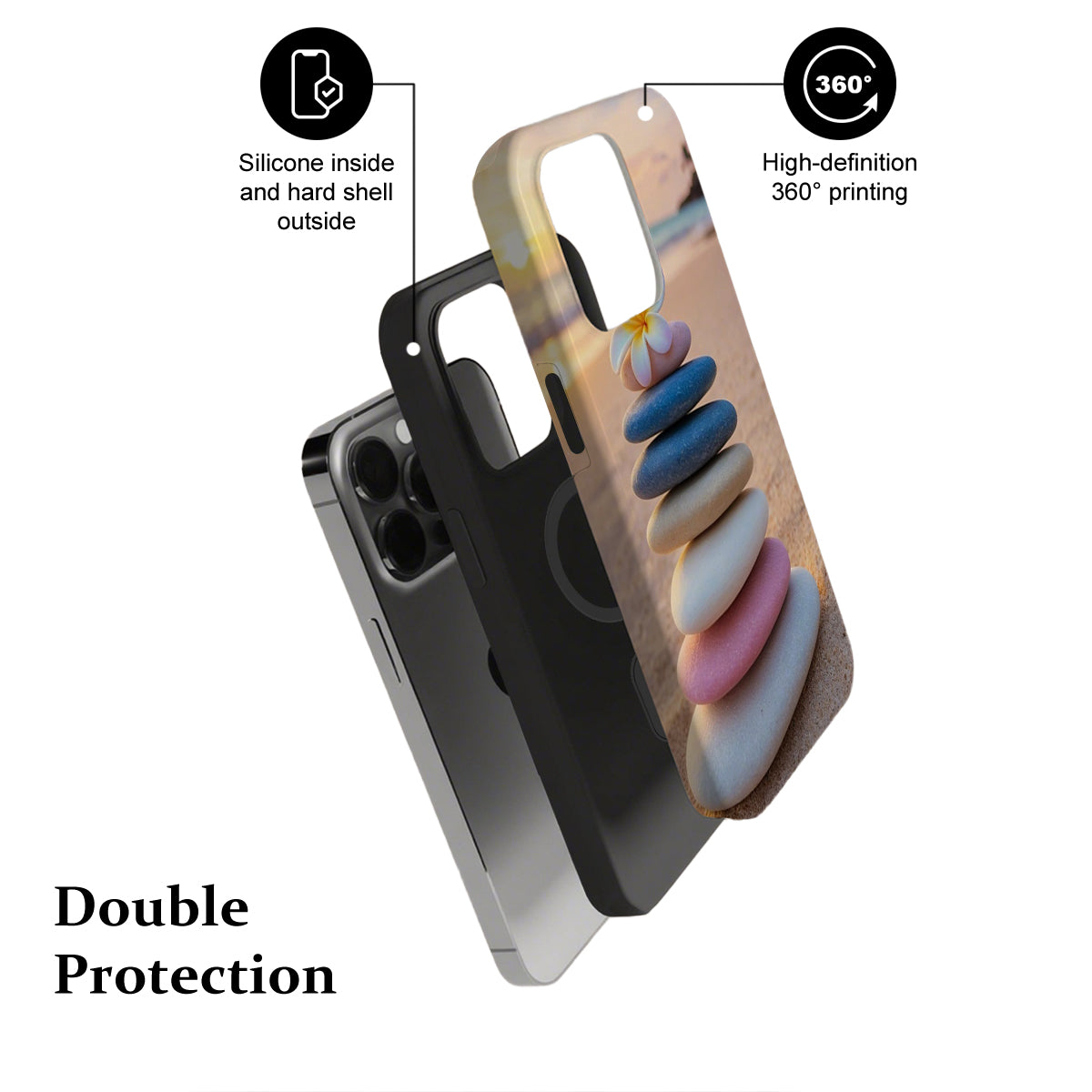 Phone case with 360-degree printing and double protection features on a white background