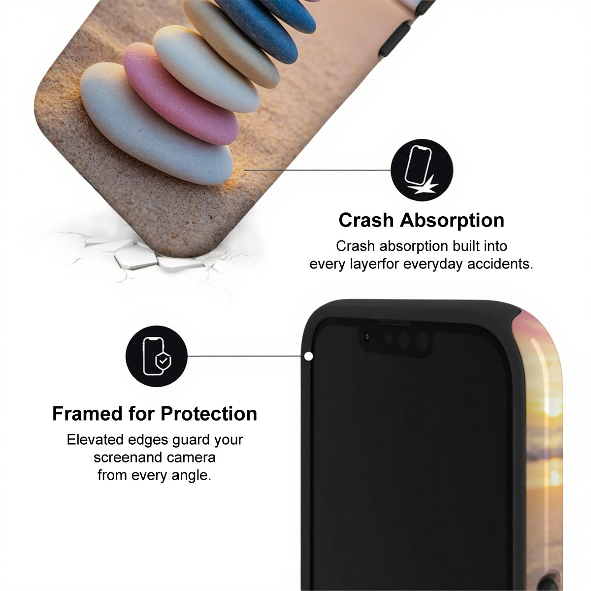 Phone case with crash absorption and framed protection features on a white background