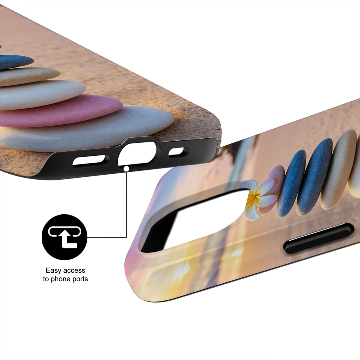 Phone case with floral design and stone-like texture on a white background