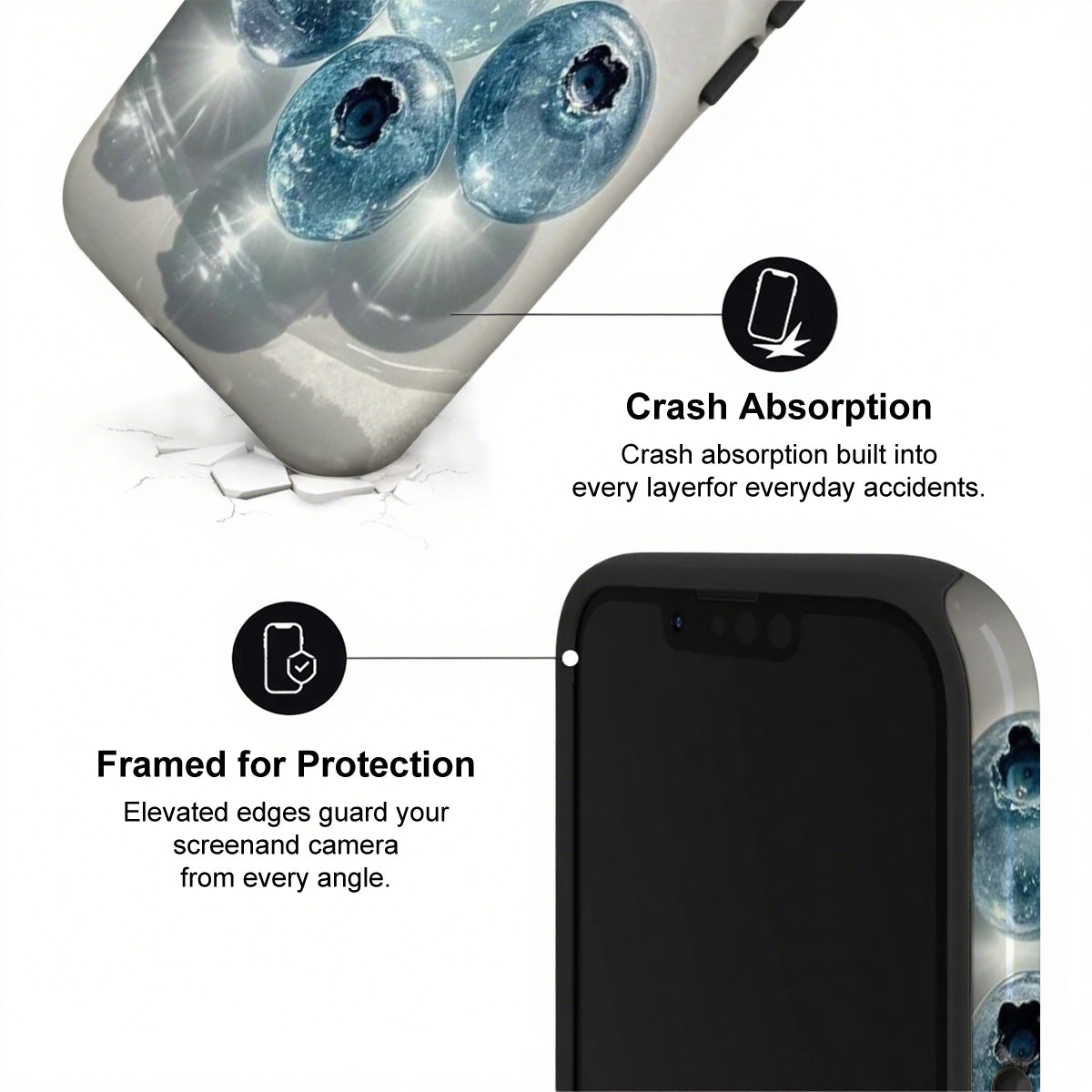 Phone case with crash absorption and protection features on a white background