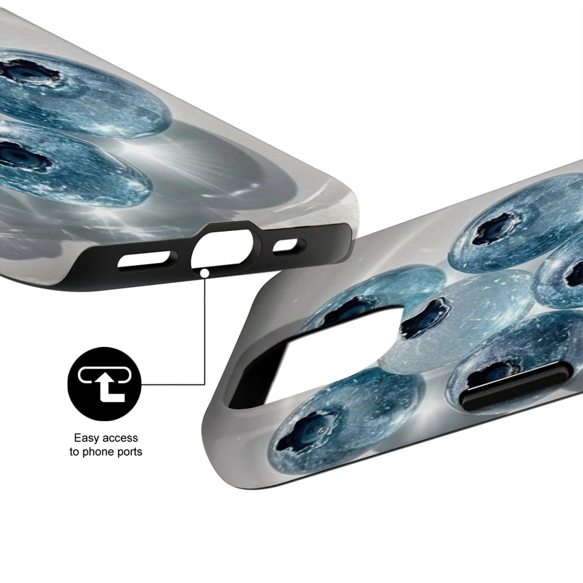 Phone case with design and text indicating easy access to phone ports on a white background