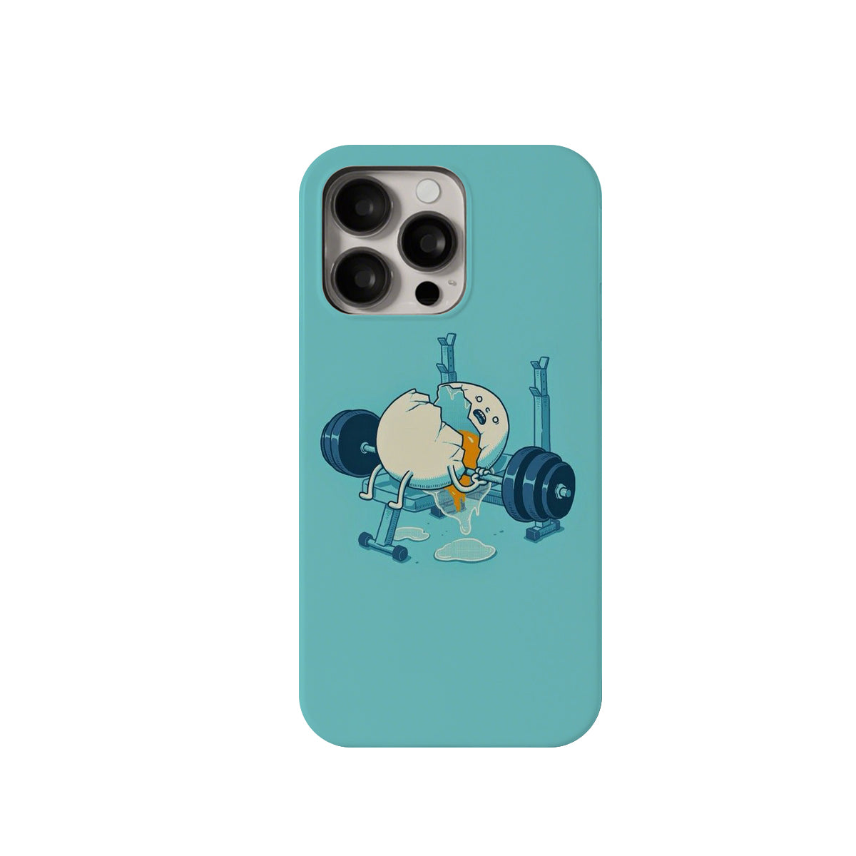 Phone case with cartoon design of a character lifting weights on a light blue background