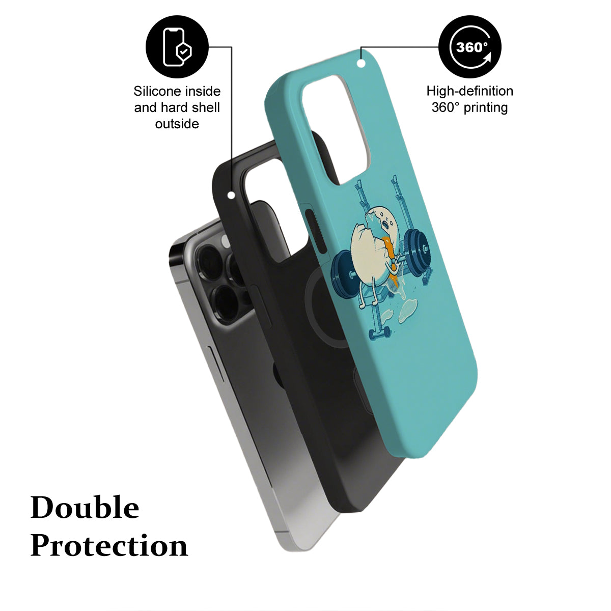 Phone case with cartoon design, labeled features on a white background