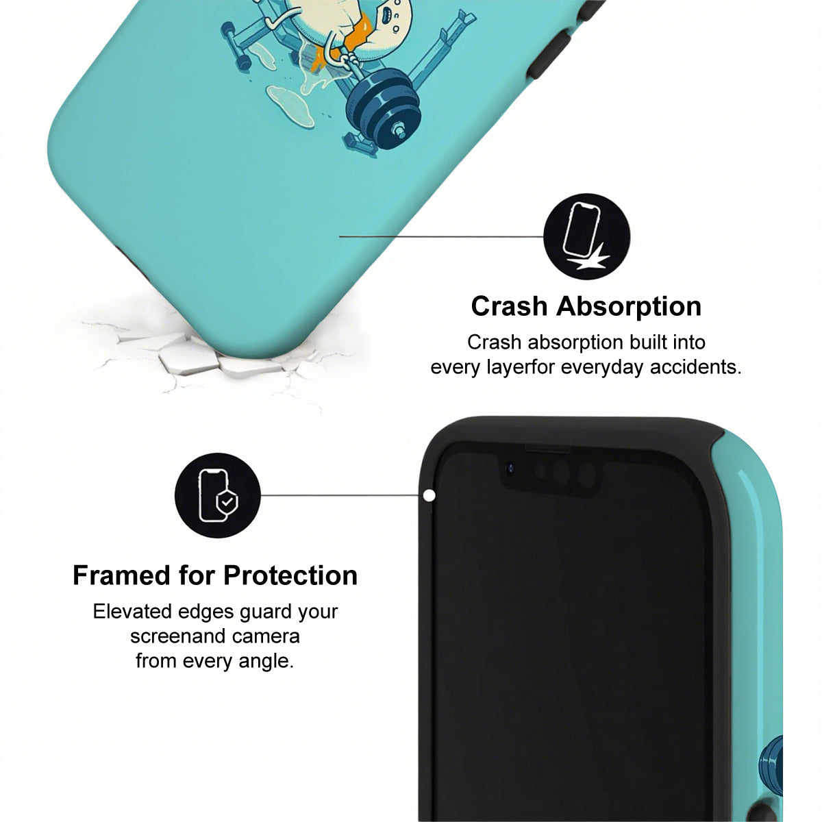 Phone case with cartoon character and text about crash absorption and protection.